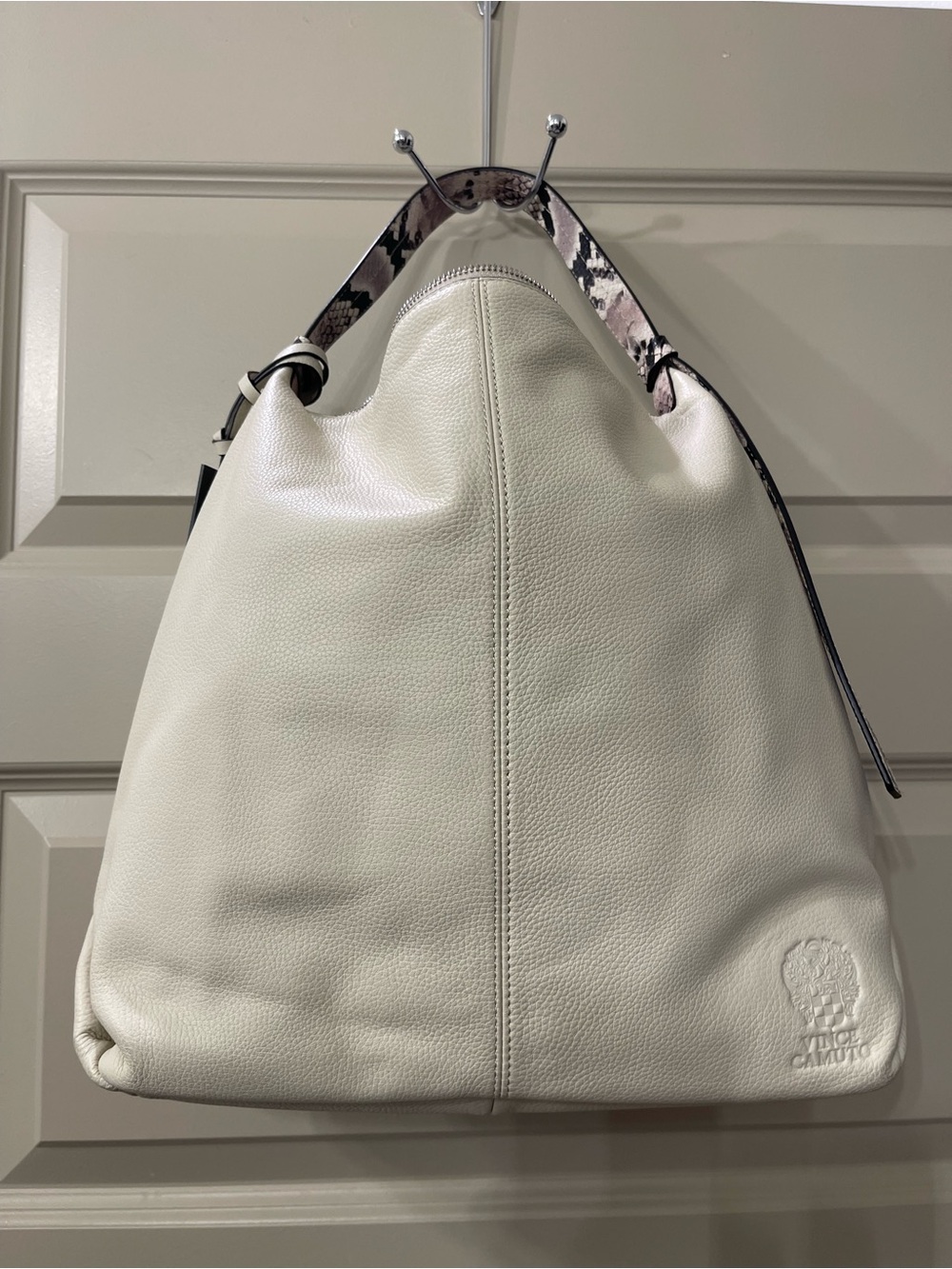 Vince Camuto  Cream Leather Hobo Bag with Snake Skin Patterned Handle